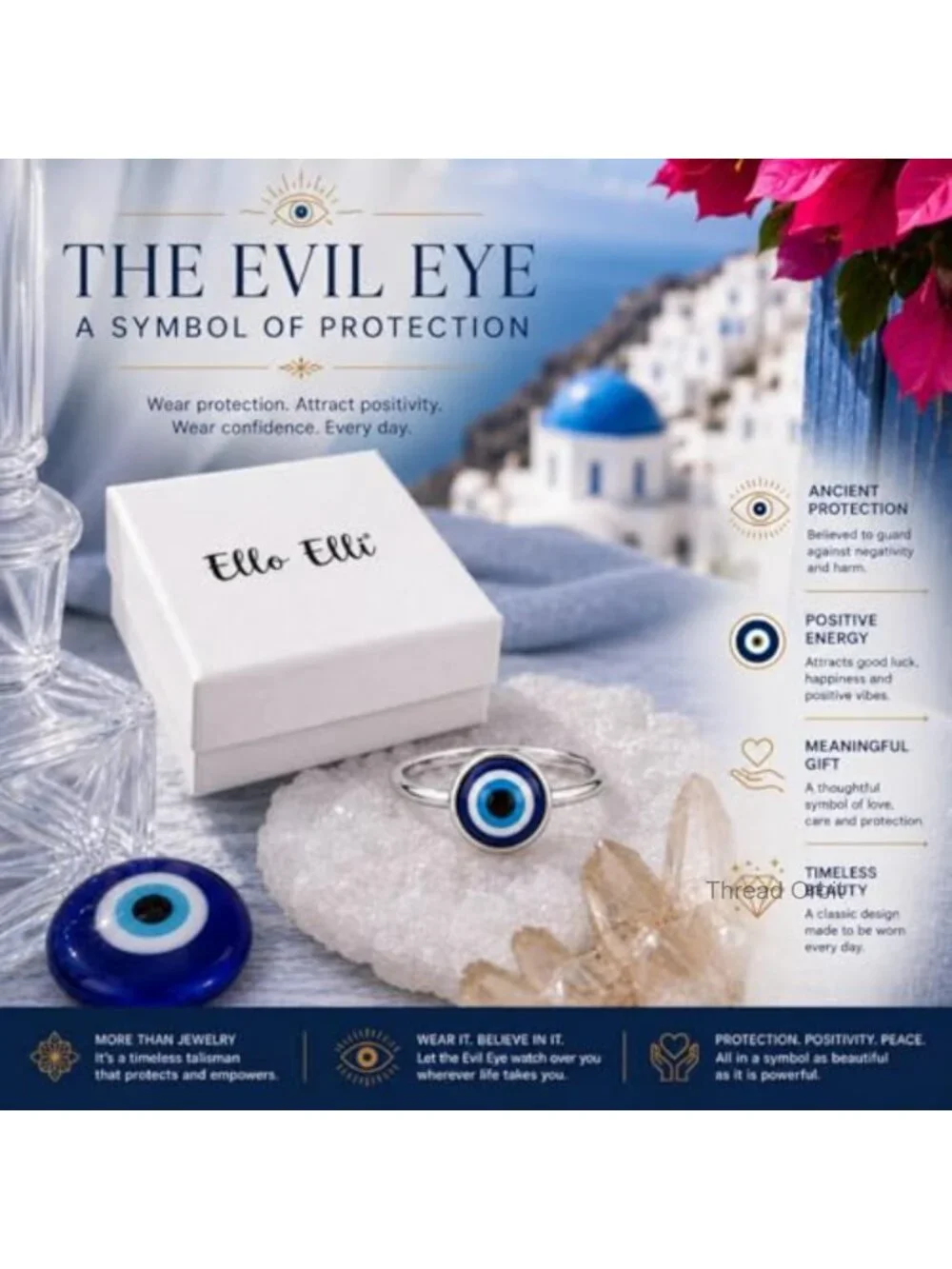 Stainless Steel Evil Eye Ring, Hypoallergenic, Tarnish Resistant, Stacking Ring